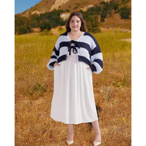 Plus Size White Summer Dress Lace Ruffle Sleeve Button Front Comfortable Casual - Picture 4 of 9